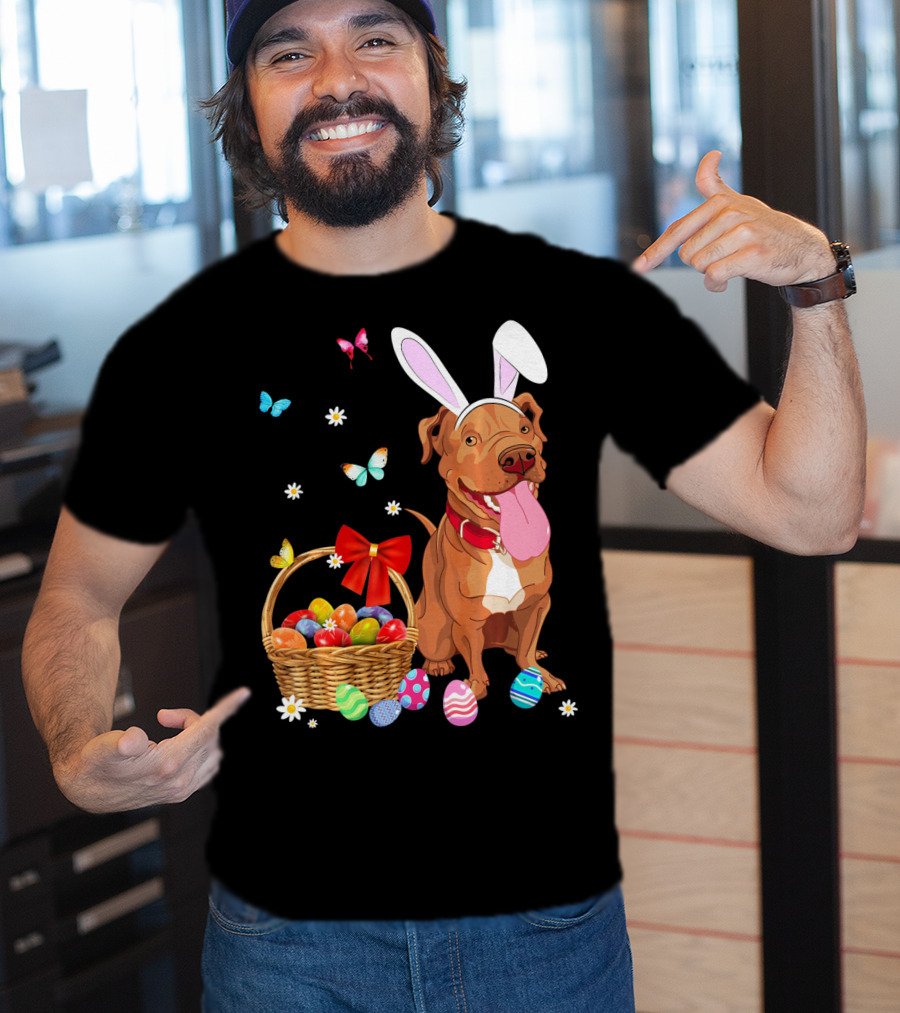 Pitbull With Bunny Ears And Easter Eggs Basket With Butterflies And Flowers T-Shirt