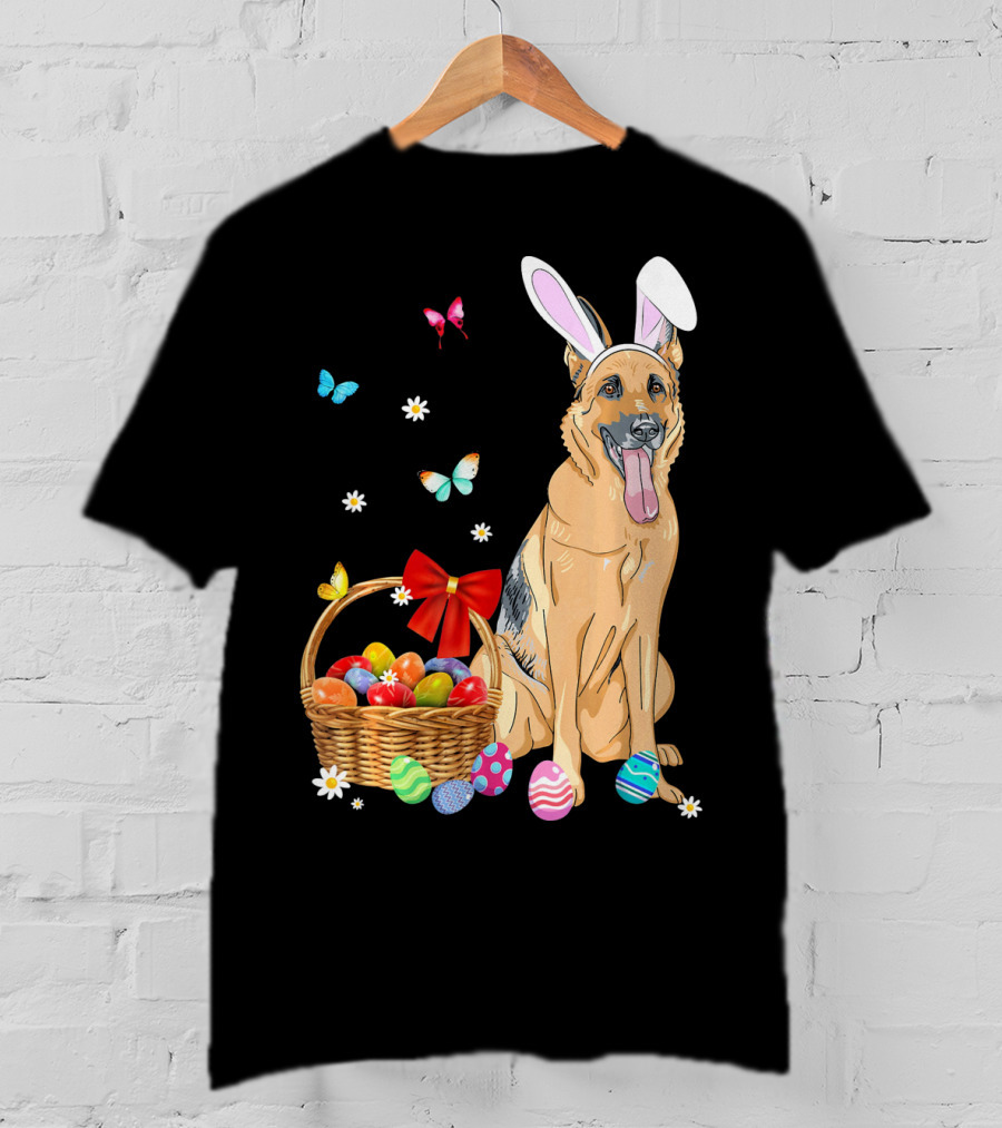 German Shepherd Bunny Ears Rabbit Easter Eggs Basket Butterflies T-Shirt