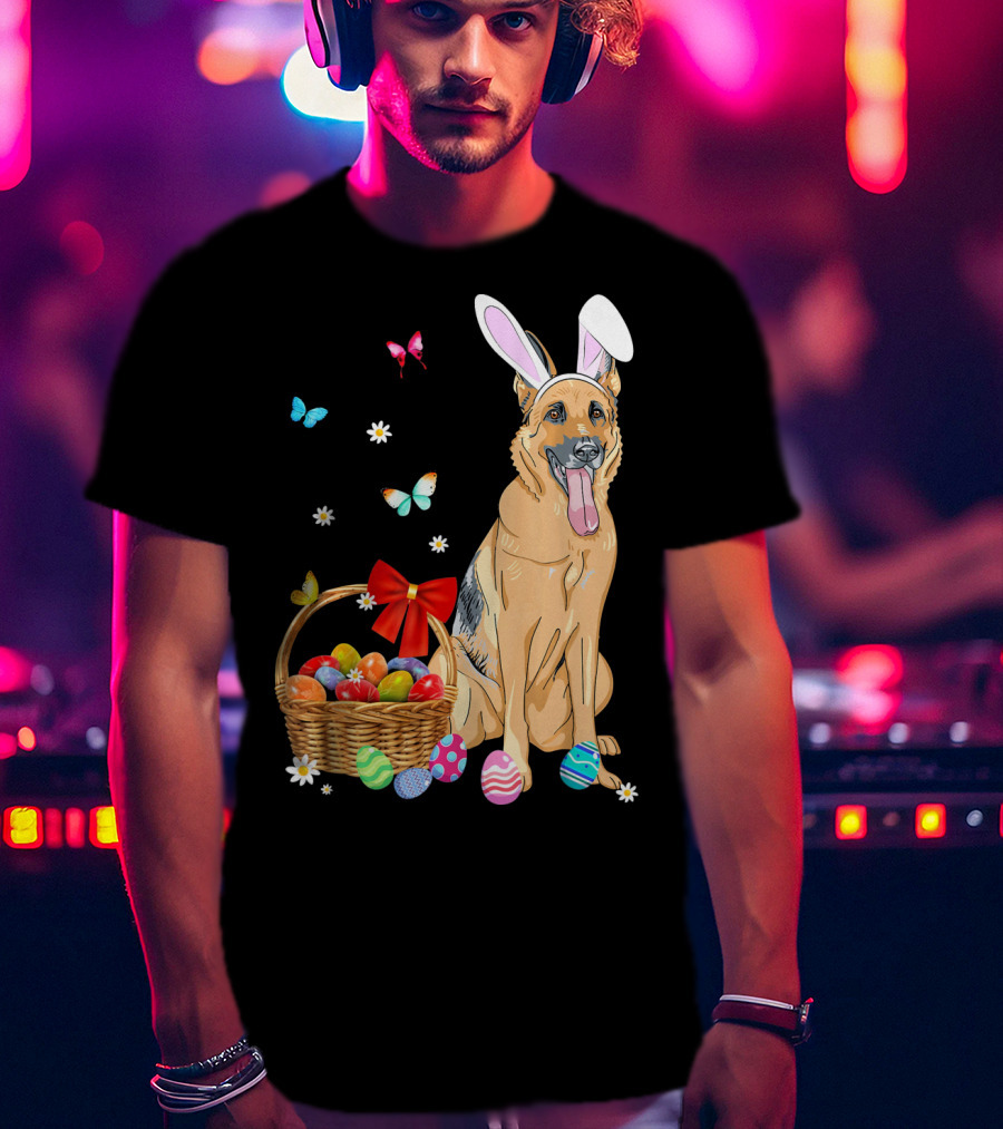 German Shepherd Bunny Ears Rabbit Easter Eggs Basket Butterflies T-Shirt