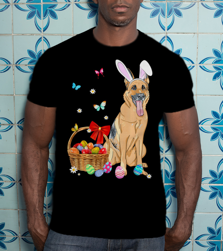 German Shepherd Bunny Ears Rabbit Easter Eggs Basket Butterflies T-Shirt