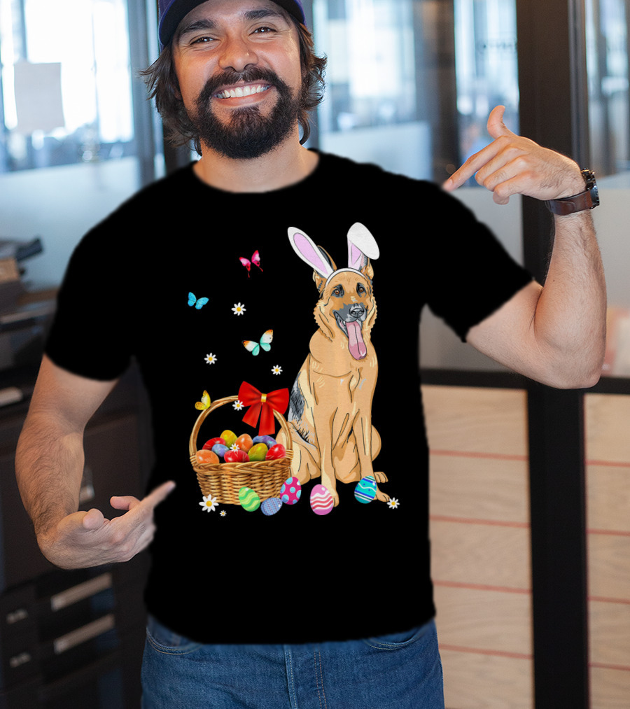 German Shepherd Bunny Ears Rabbit Easter Eggs Basket Butterflies T-Shirt
