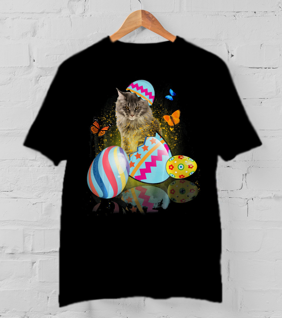 Funny Cat With Colorful Easter Eggs And Butterflies For Cat Lovers T-Shirt