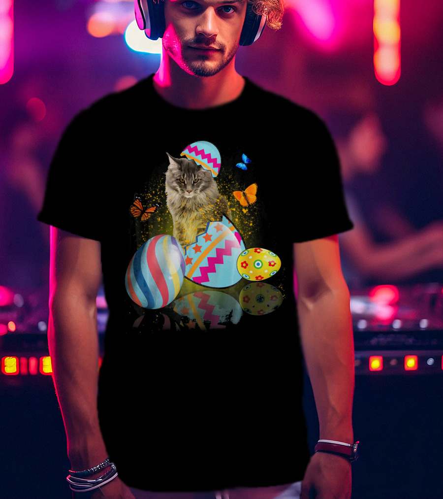 Funny Cat With Colorful Easter Eggs And Butterflies For Cat Lovers T-Shirt