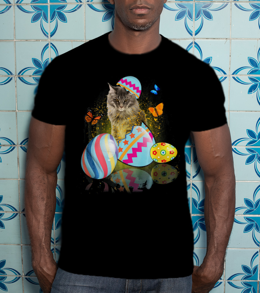 Funny Cat With Colorful Easter Eggs And Butterflies For Cat Lovers T-Shirt