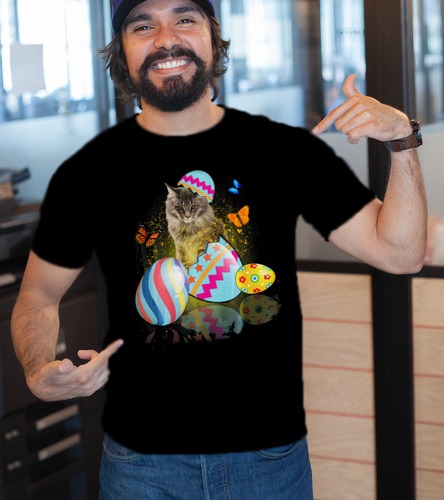 Funny Cat With Colorful Easter Eggs And Butterflies For Cat Lovers T-Shirt