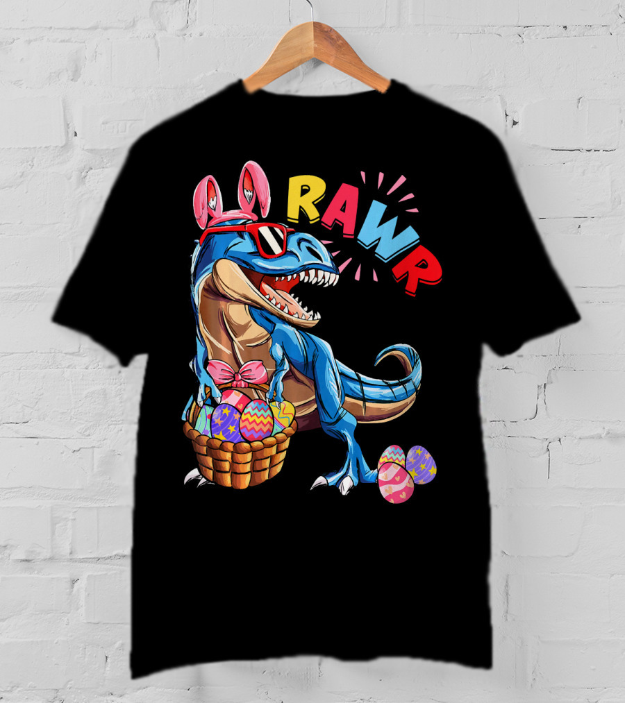Dinosaur Easter Bunny Rex Rawr With Eggs And Basket T-Shirt