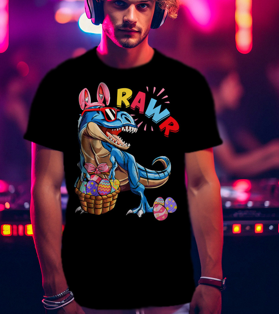 Dinosaur Easter Bunny Rex Rawr With Eggs And Basket T-Shirt