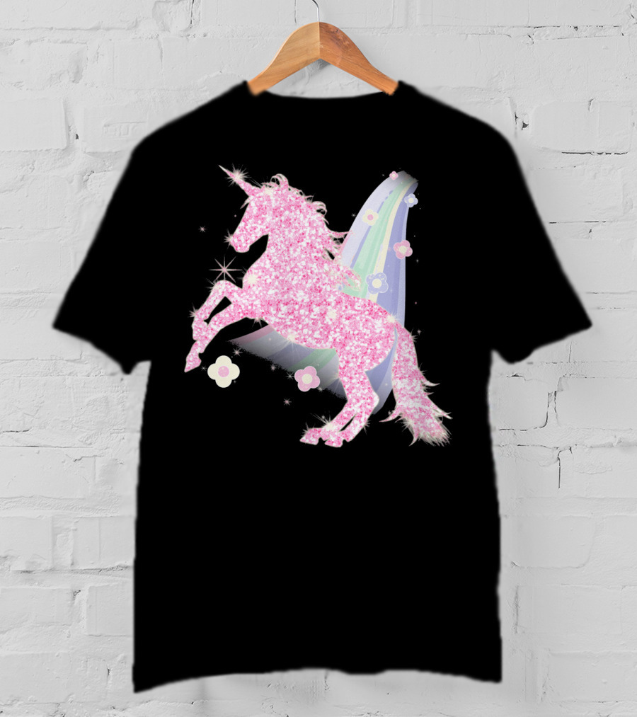 Pink Sparkle Unicorn With Easter Flowers And Rainbow Mane T-Shirt