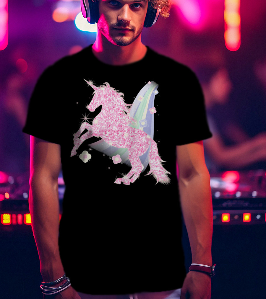 Pink Sparkle Unicorn With Easter Flowers And Rainbow Mane T-Shirt