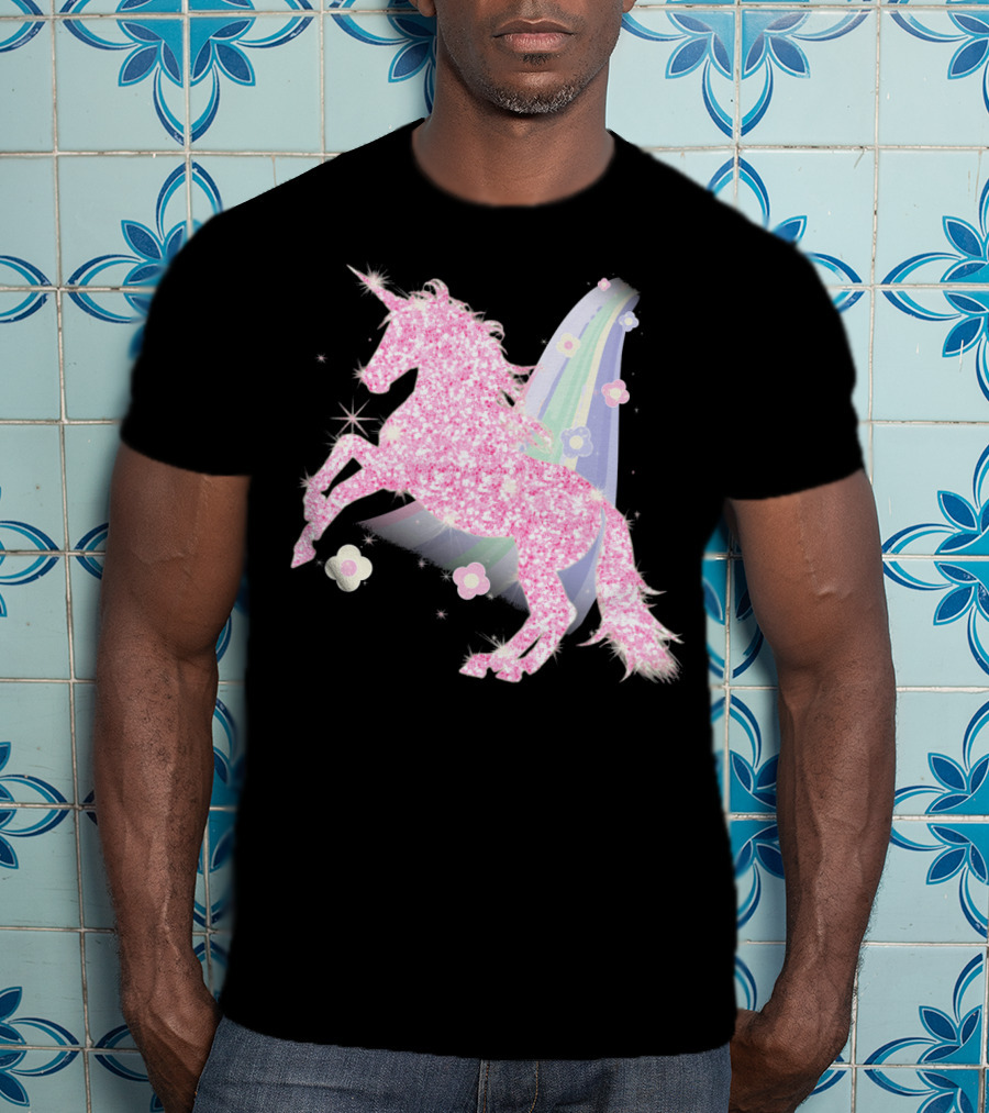 Pink Sparkle Unicorn With Easter Flowers And Rainbow Mane T-Shirt