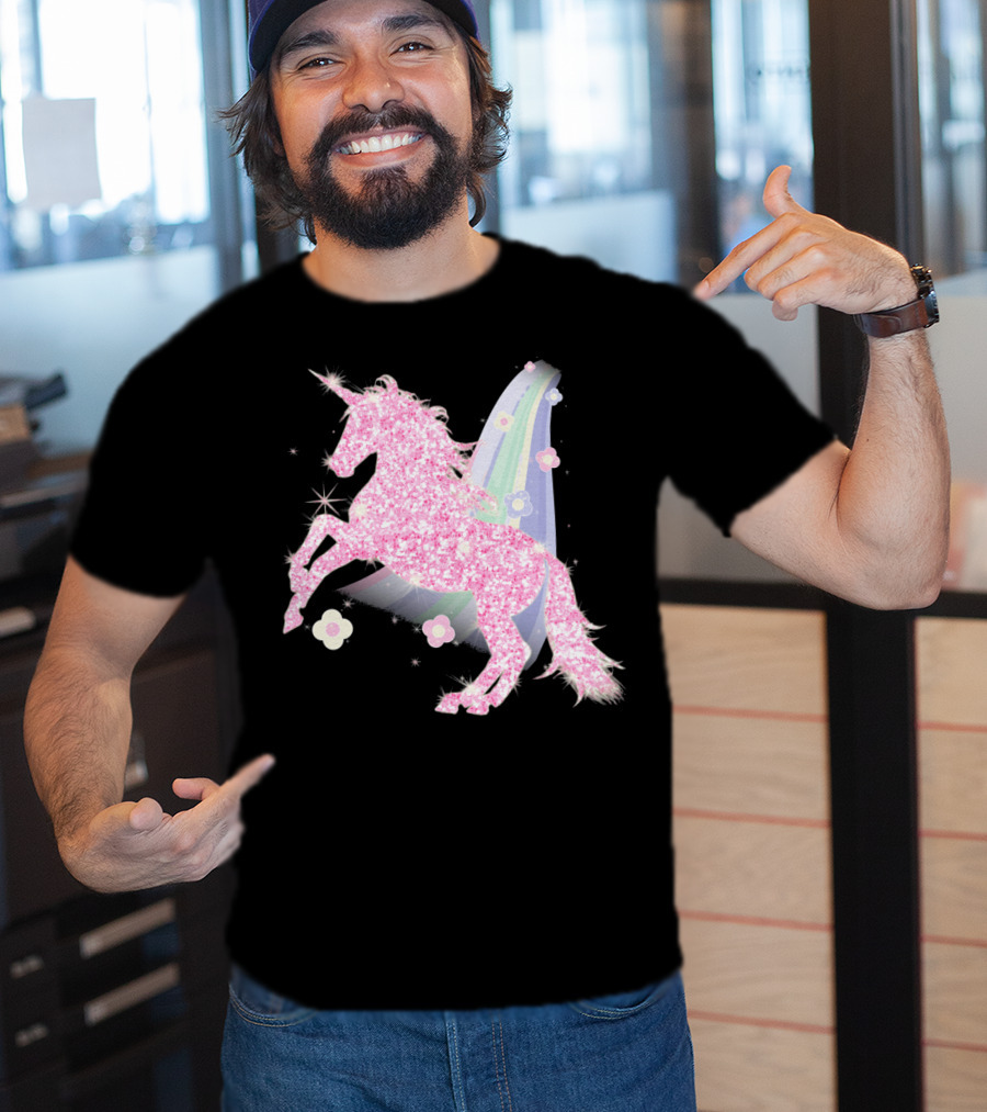 Pink Sparkle Unicorn With Easter Flowers And Rainbow Mane T-Shirt
