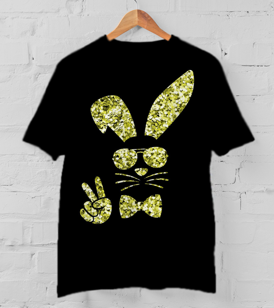 Easter Bunny Girls Cute Gold Glitter Bunny With Sunglasses And Bow Tie T-Shirt