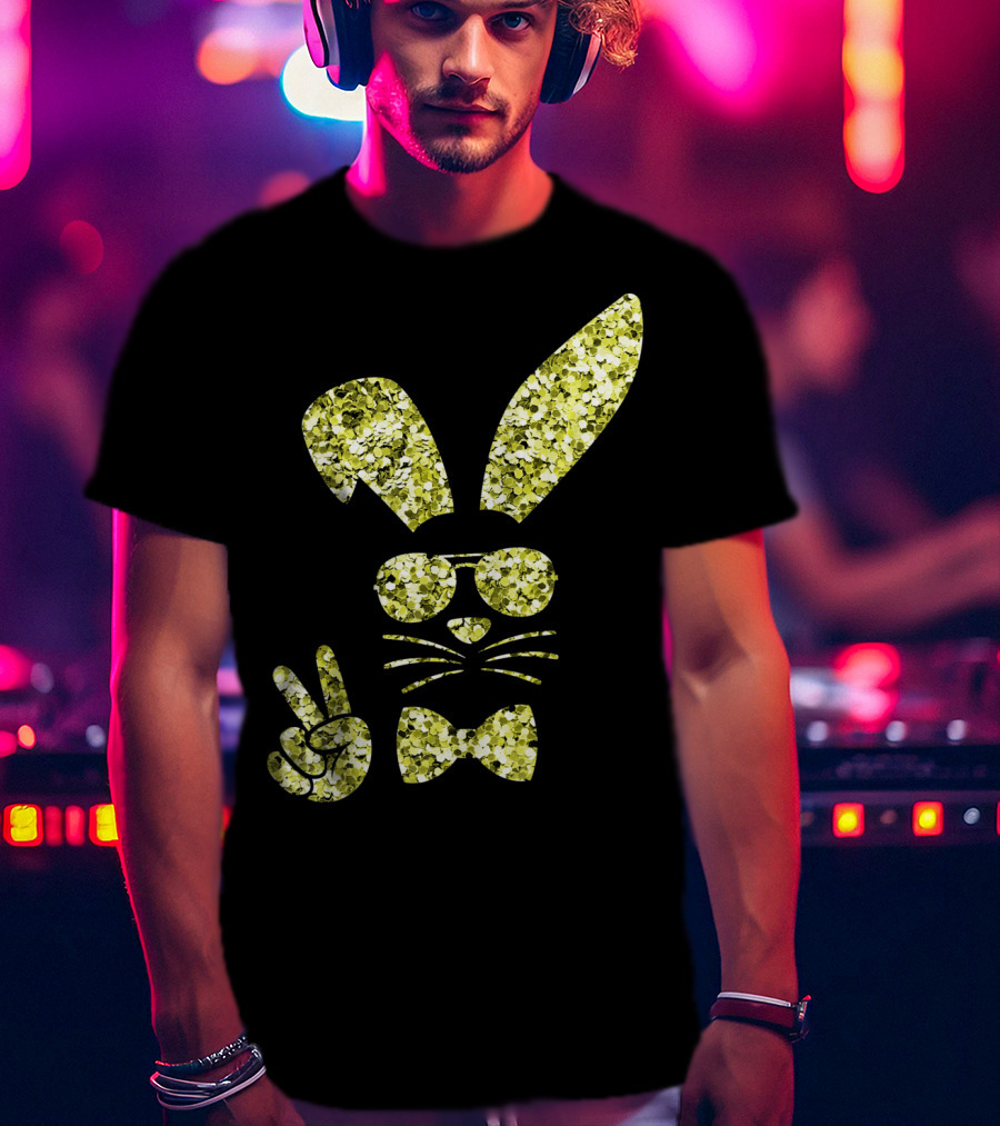 Easter Bunny Girls Cute Gold Glitter Bunny With Sunglasses And Bow Tie T-Shirt