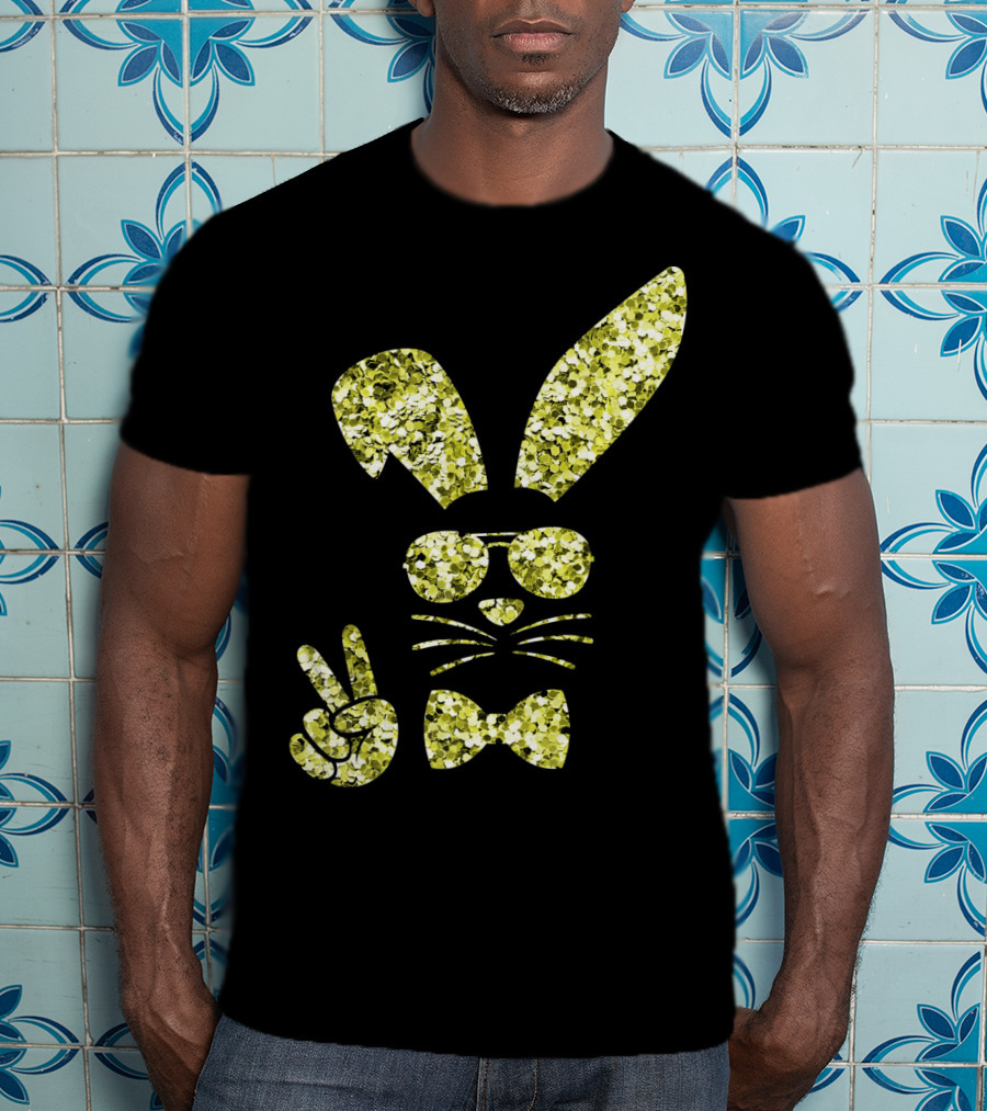 Easter Bunny Girls Cute Gold Glitter Bunny With Sunglasses And Bow Tie T-Shirt