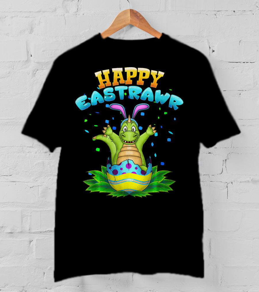 Happy Eastrawr Dinosaur In Easter Egg With Bunny Ears And Confetti T-Shirt