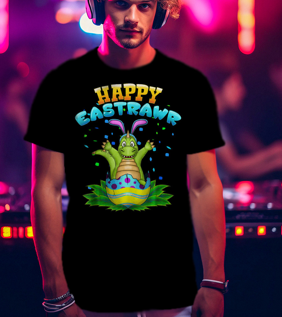 Happy Eastrawr Dinosaur In Easter Egg With Bunny Ears And Confetti T-Shirt