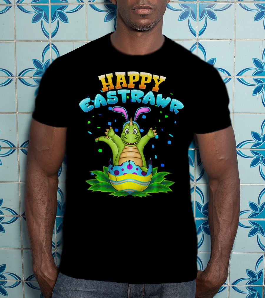 Happy Eastrawr Dinosaur In Easter Egg With Bunny Ears And Confetti T-Shirt