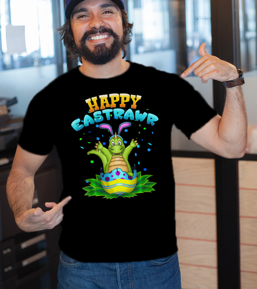 Happy Eastrawr Dinosaur In Easter Egg With Bunny Ears And Confetti T-Shirt