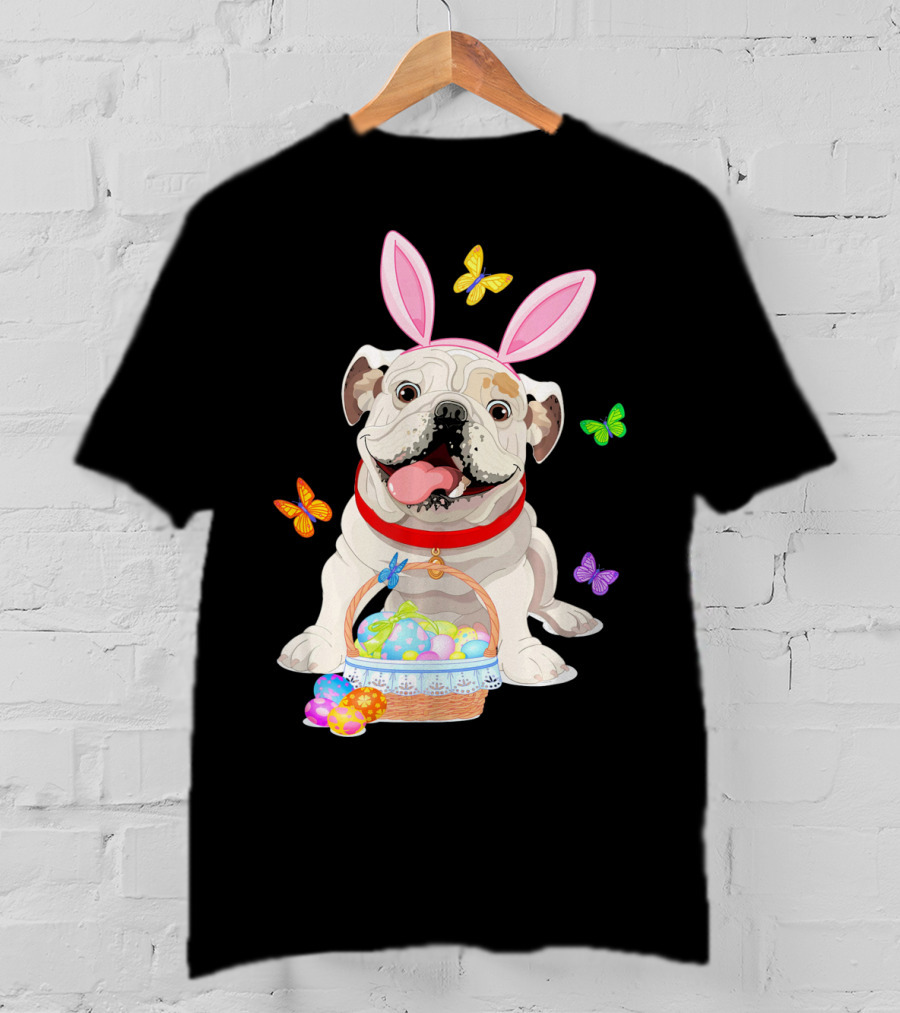 English Bulldog With Bunny Ears And Easter Egg Basket With Butterflies T-Shirt