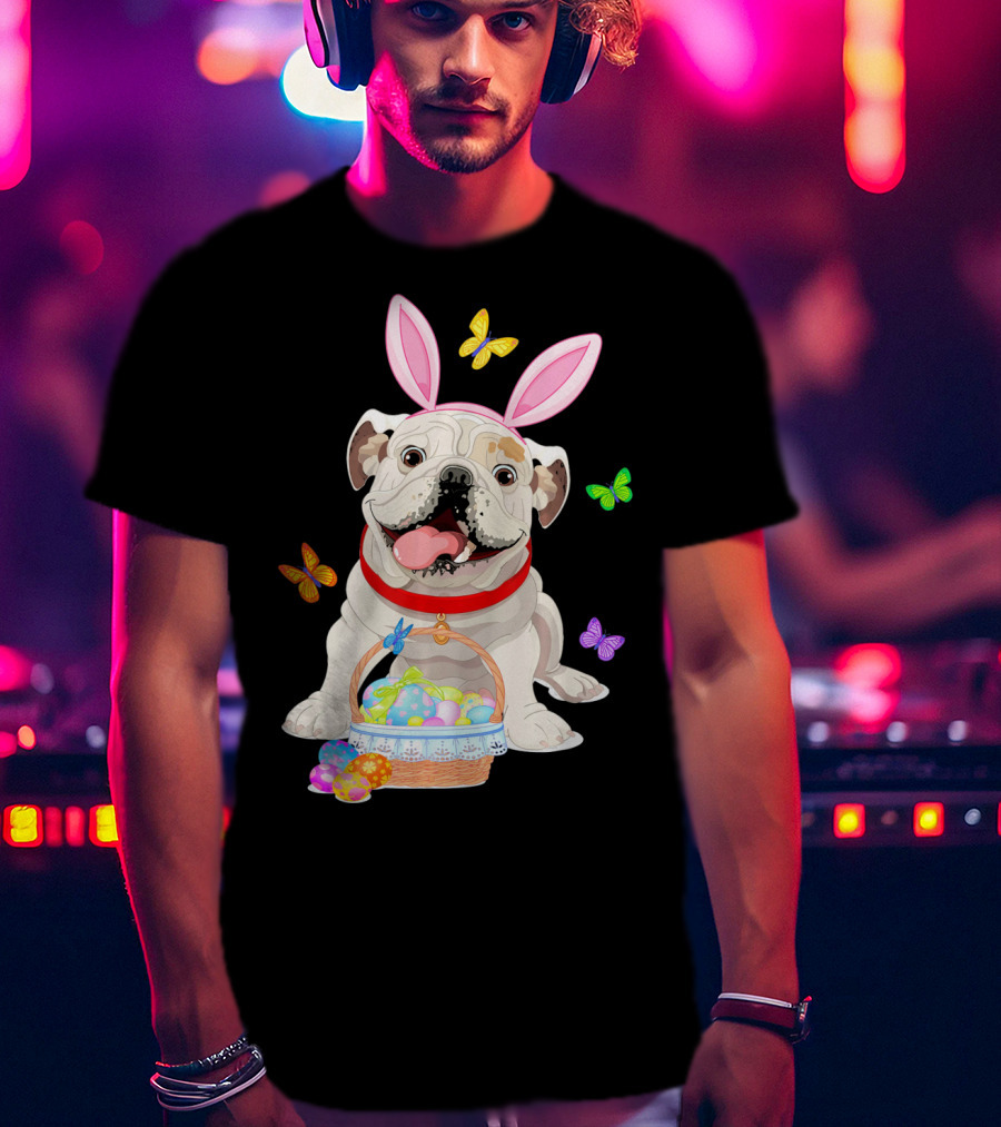 English Bulldog With Bunny Ears And Easter Egg Basket With Butterflies T-Shirt