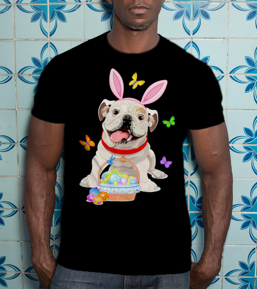 English Bulldog With Bunny Ears And Easter Egg Basket With Butterflies T-Shirt