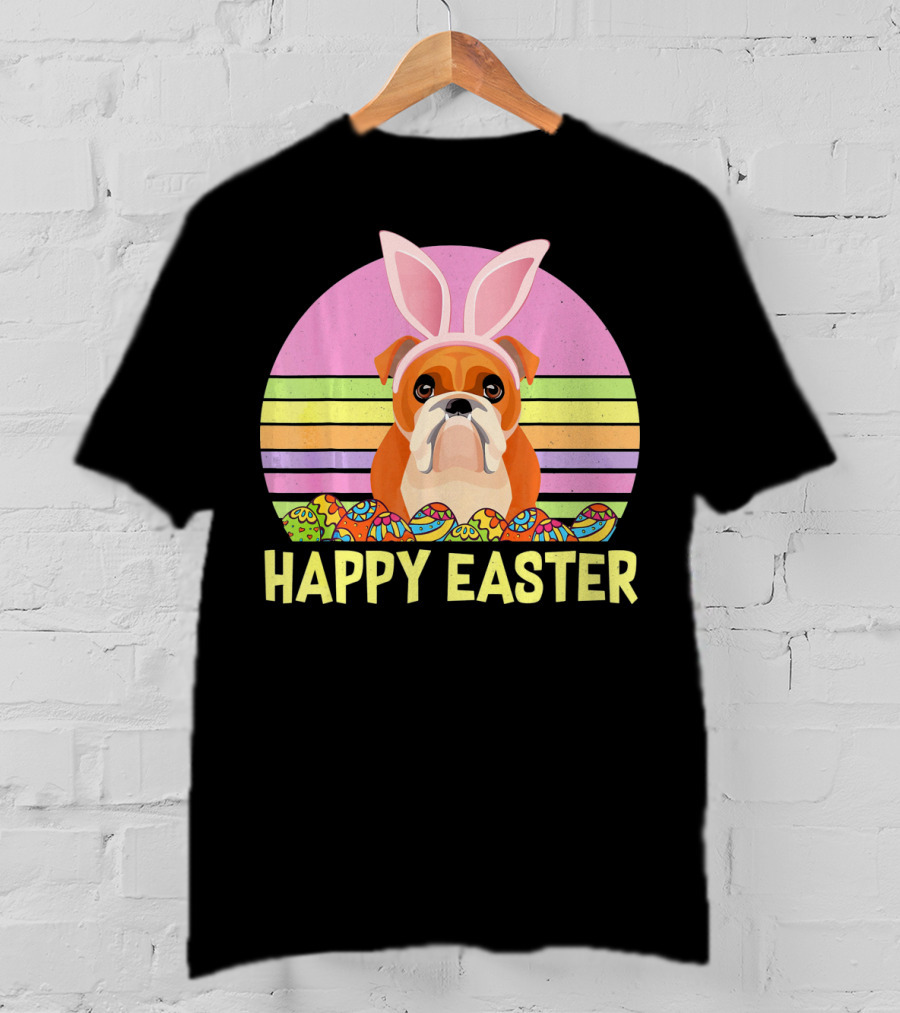 Happy Easter Day British Bulldog Bunny Ears Rainbow Eggs Retro T-Shirt