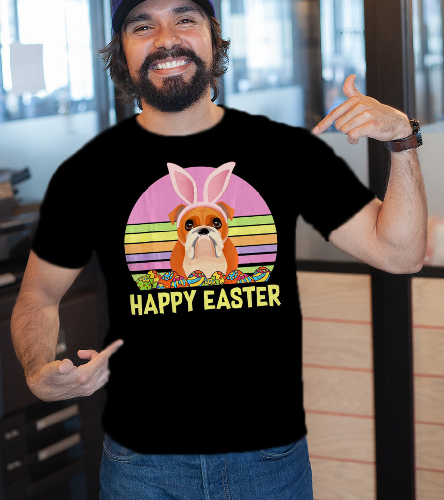 Happy Easter Day British Bulldog Bunny Ears Rainbow Eggs Retro T-Shirt