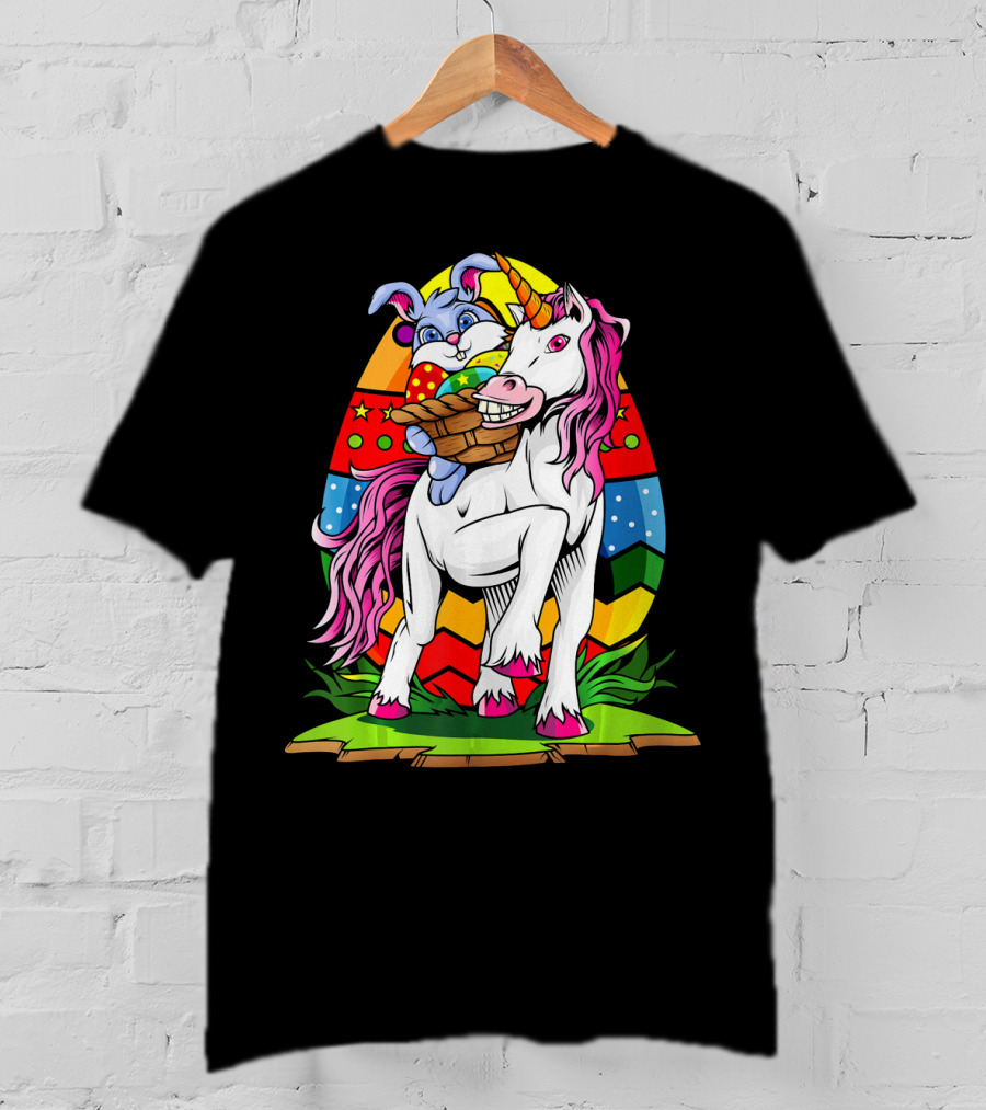 Funny Colorful Easter Bunny Riding Unicorn With Eggs T-Shirt