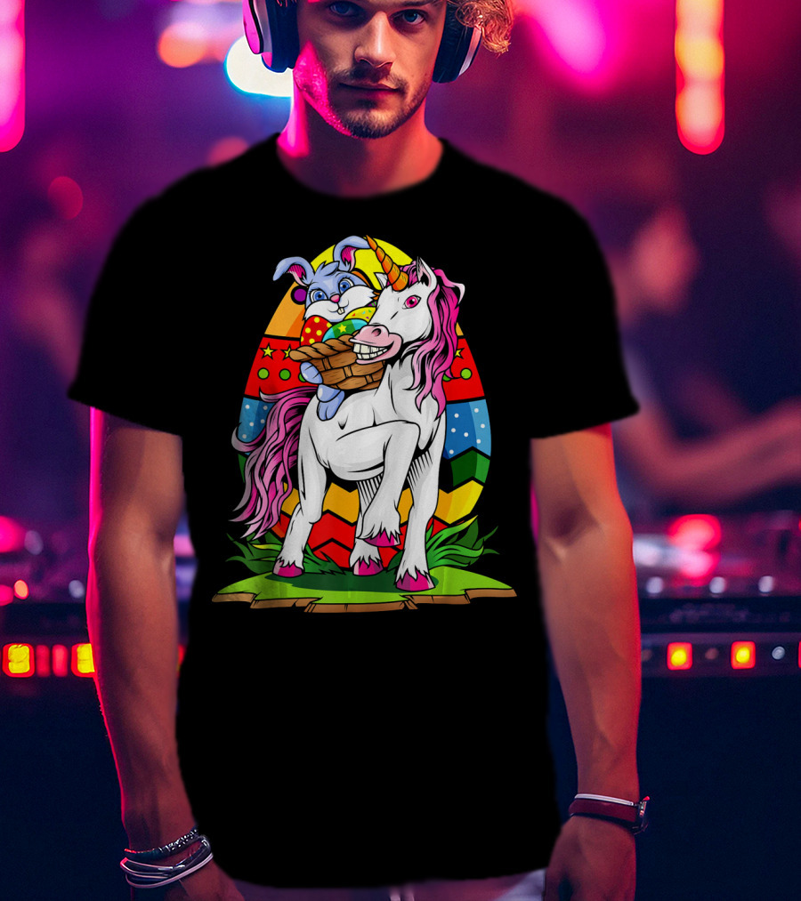 Funny Colorful Easter Bunny Riding Unicorn With Eggs T-Shirt