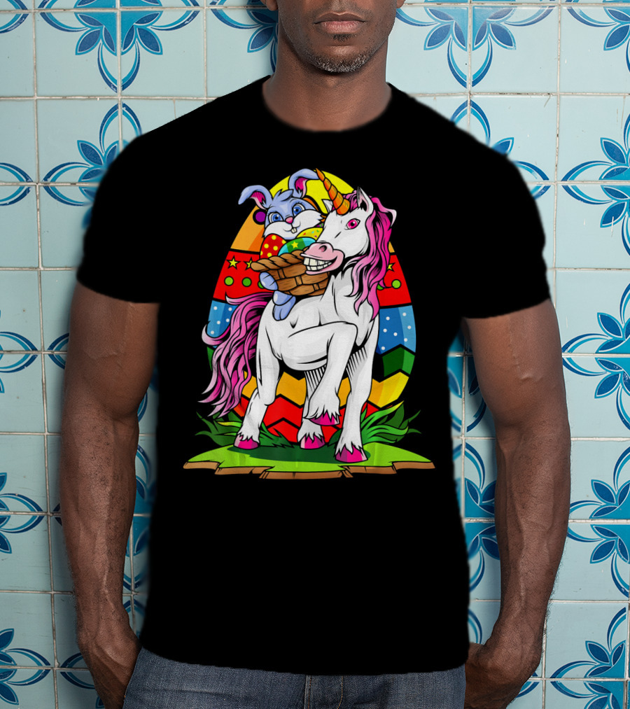 Funny Colorful Easter Bunny Riding Unicorn With Eggs T-Shirt