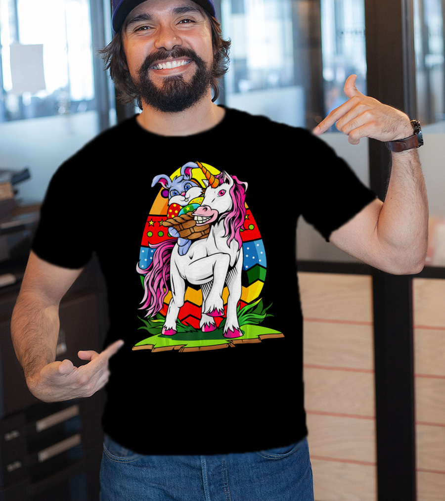 Funny Colorful Easter Bunny Riding Unicorn With Eggs T-Shirt