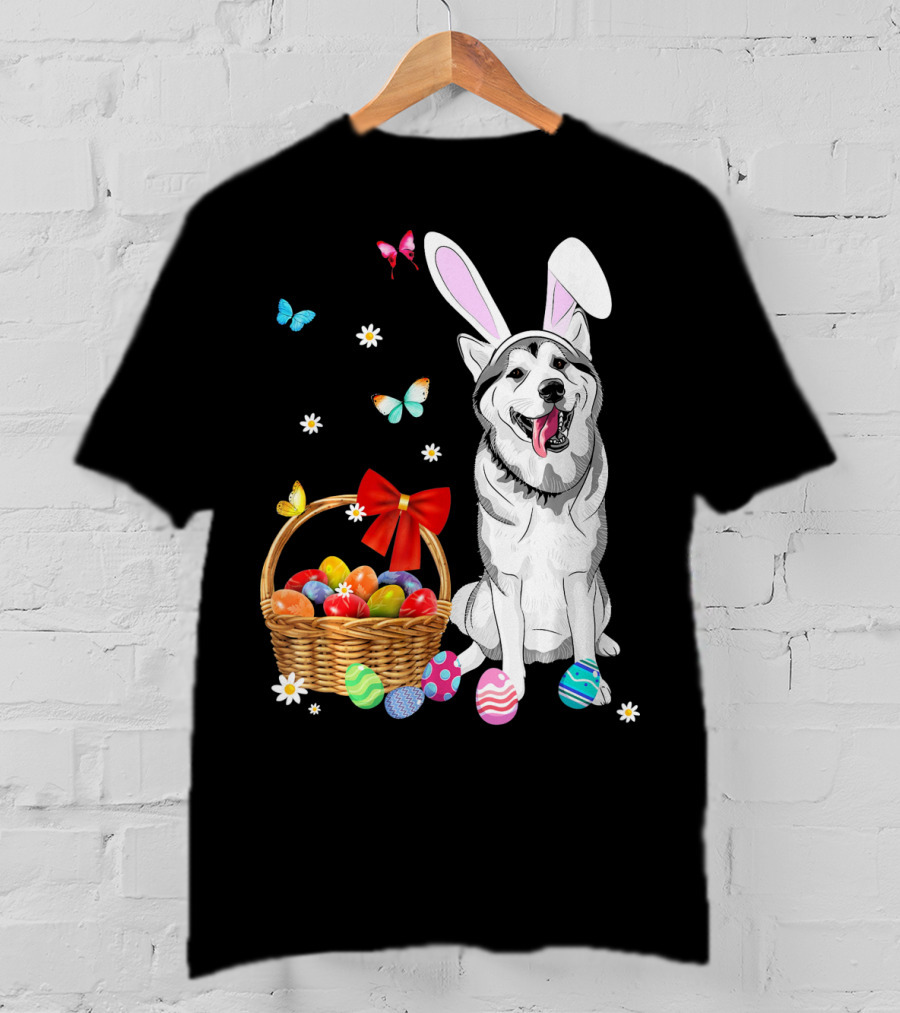 Siberian Husky Bunny Ears Easter Basket Eggs Butterflies T-Shirt