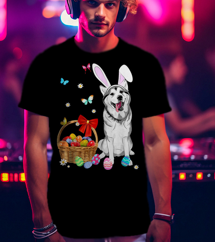 Siberian Husky Bunny Ears Easter Basket Eggs Butterflies T-Shirt