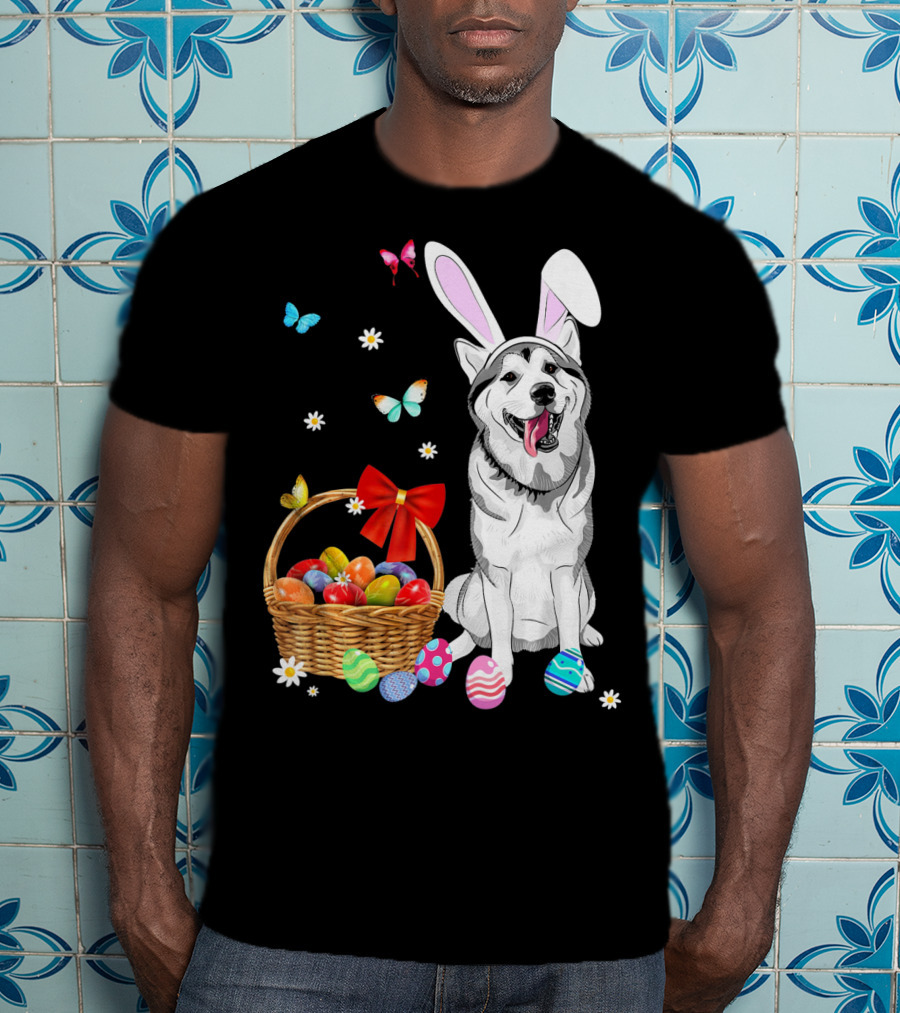 Siberian Husky Bunny Ears Easter Basket Eggs Butterflies T-Shirt