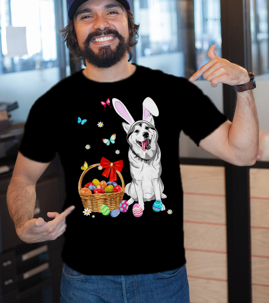 Siberian Husky Bunny Ears Easter Basket Eggs Butterflies T-Shirt