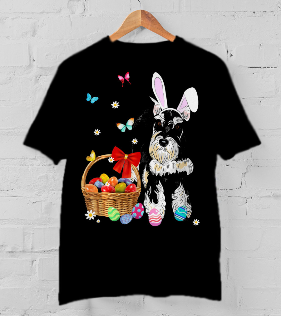 Miniature Schnauzer Bunny Ear With Easter Egg Basket And Butterflies T-Shirt