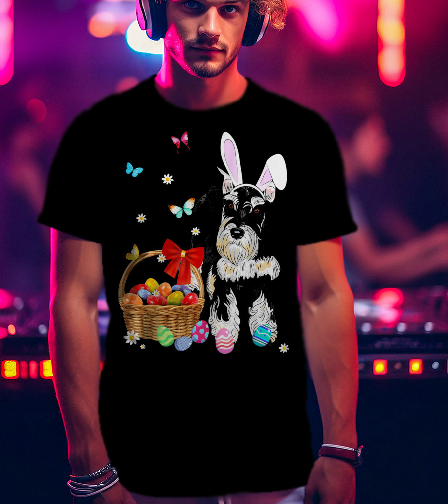 Miniature Schnauzer Bunny Ear With Easter Egg Basket And Butterflies T-Shirt