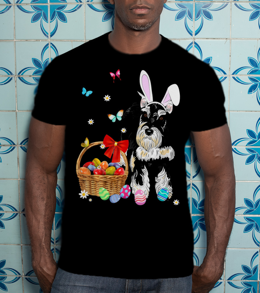 Miniature Schnauzer Bunny Ear With Easter Egg Basket And Butterflies T-Shirt