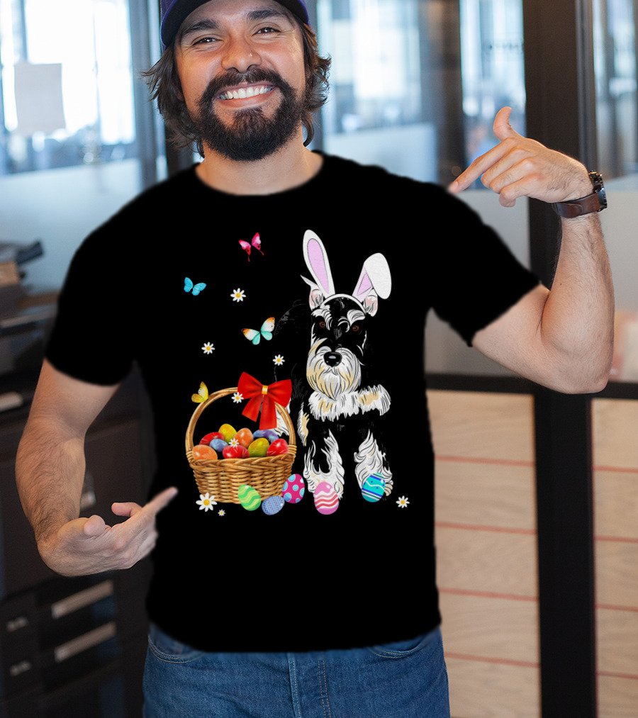 Miniature Schnauzer Bunny Ear With Easter Egg Basket And Butterflies T-Shirt