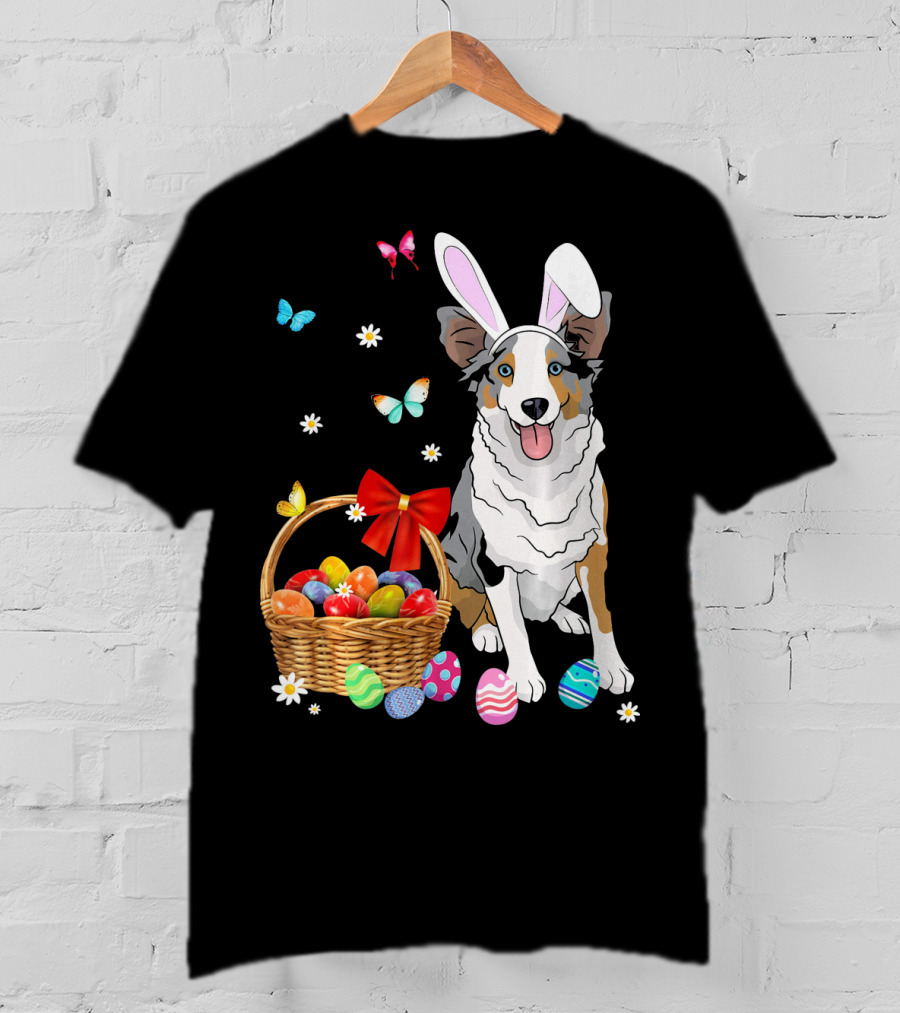 Australian Shepherd Bunny Ear Butterflies Basket Easter Egg Flowers T-Shirt