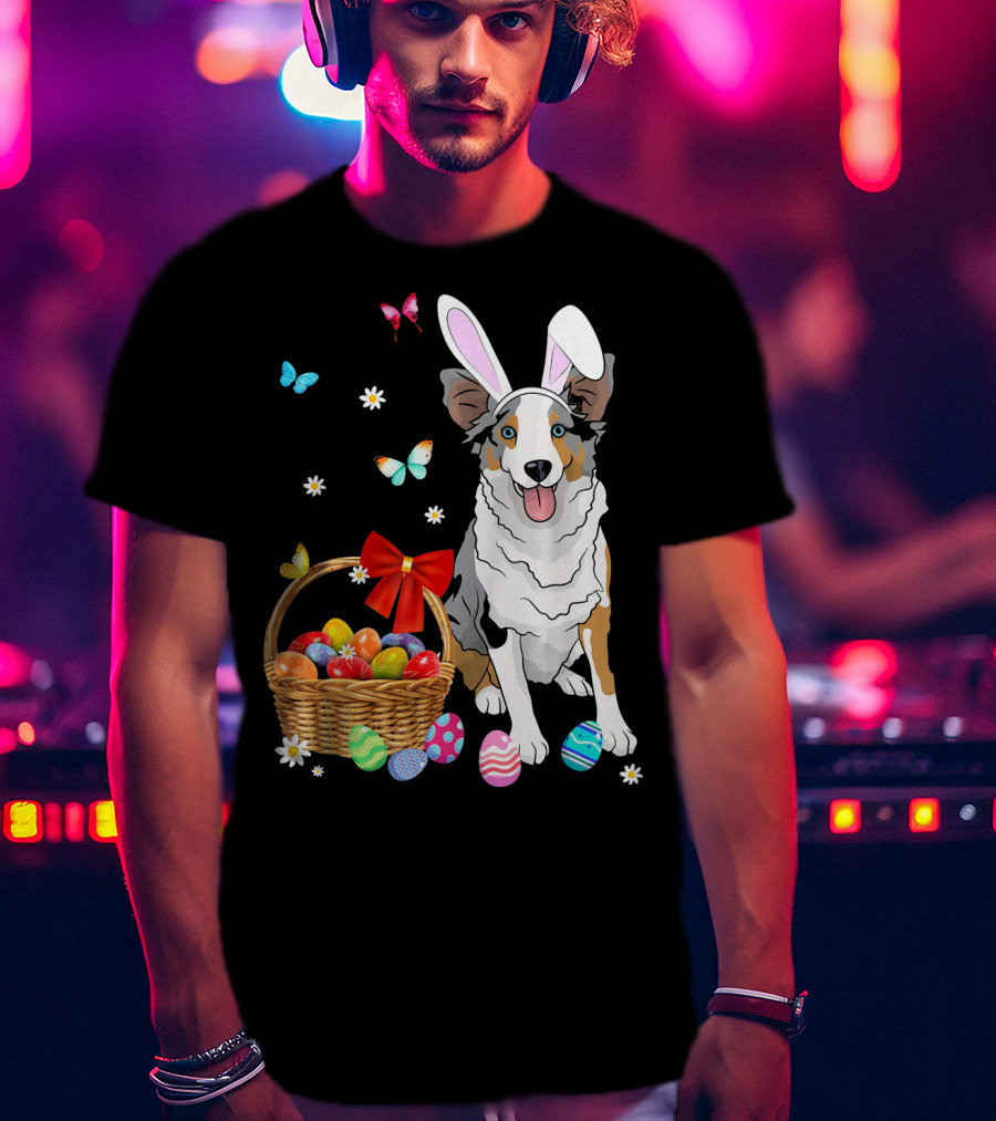 Australian Shepherd Bunny Ear Butterflies Basket Easter Egg Flowers T-Shirt