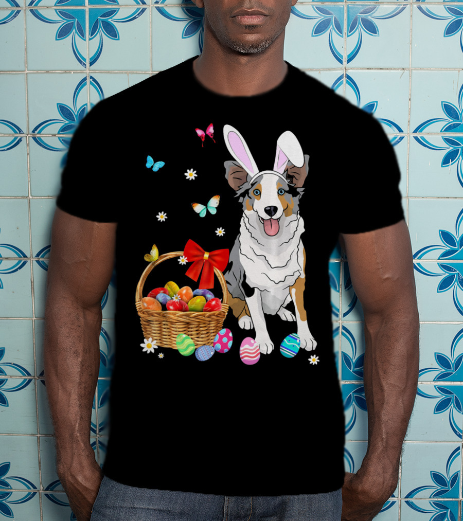Australian Shepherd Bunny Ear Butterflies Basket Easter Egg Flowers T-Shirt