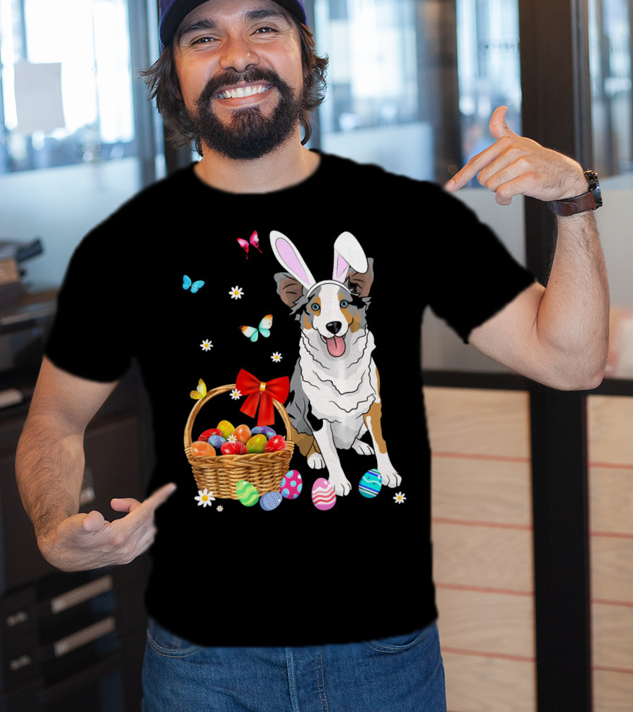 Australian Shepherd Bunny Ear Butterflies Basket Easter Egg Flowers T-Shirt