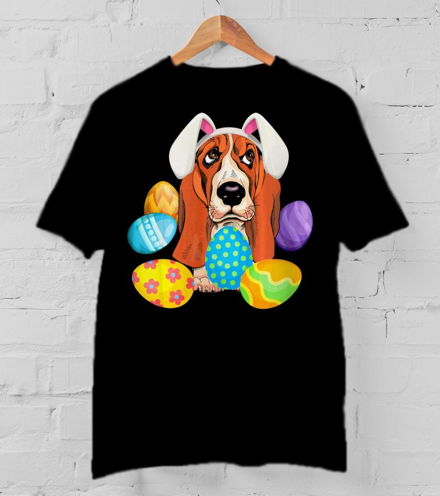 Basset Hound Bunny Rabbit Hat Easter Eggs Playful Scene T-Shirt