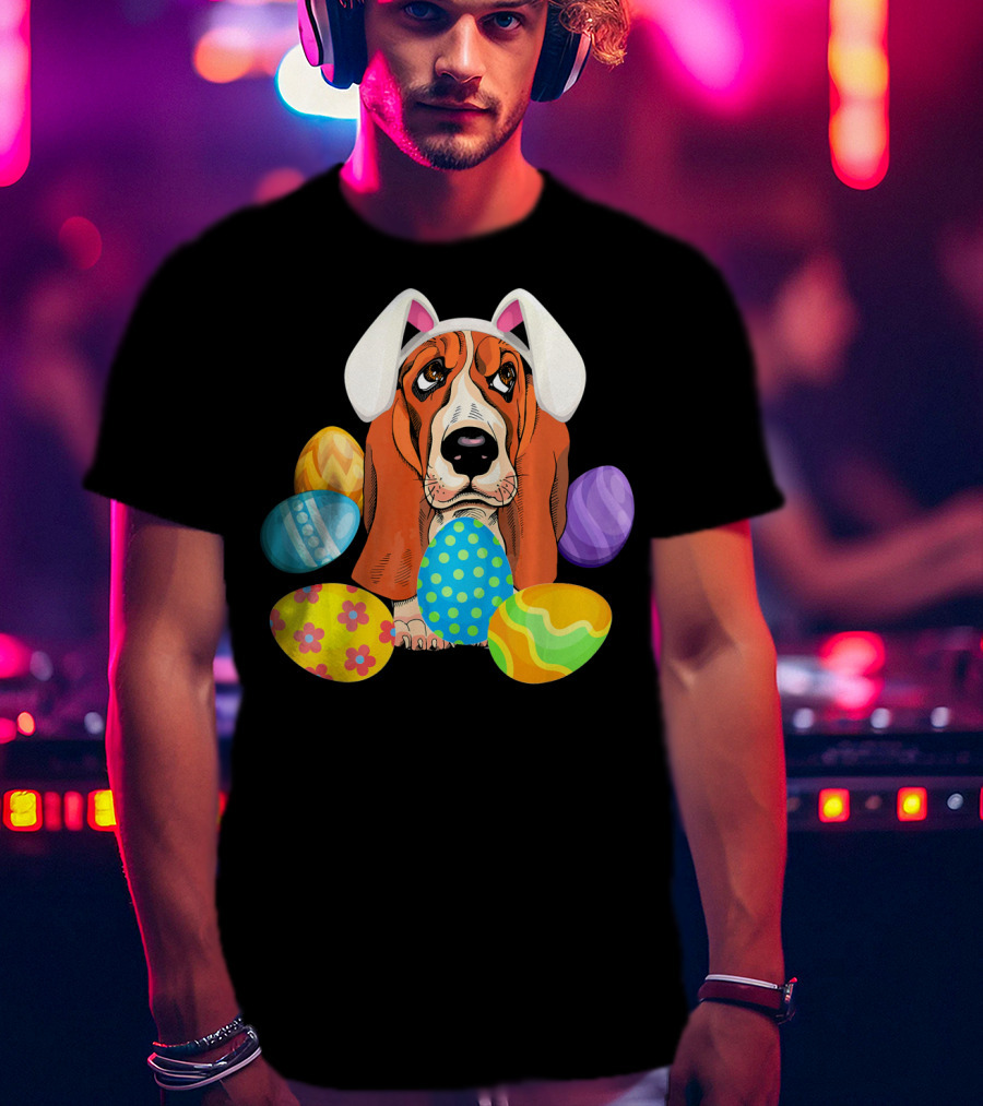 Basset Hound Bunny Rabbit Hat Easter Eggs Playful Scene T-Shirt
