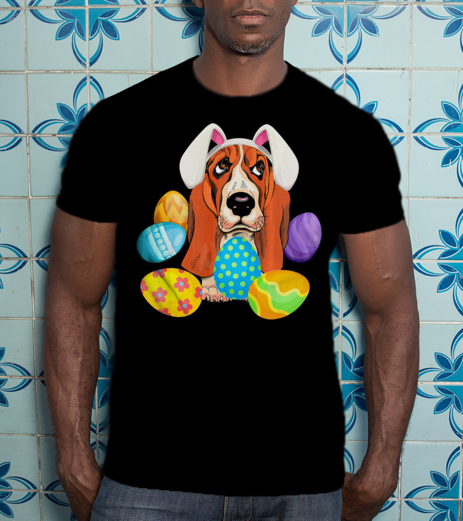 Basset Hound Bunny Rabbit Hat Easter Eggs Playful Scene T-Shirt