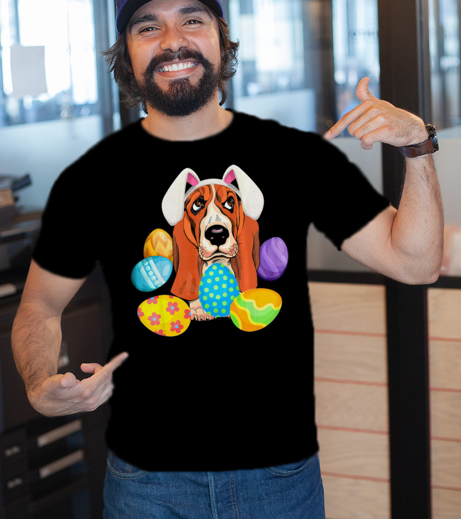 Basset Hound Bunny Rabbit Hat Easter Eggs Playful Scene T-Shirt