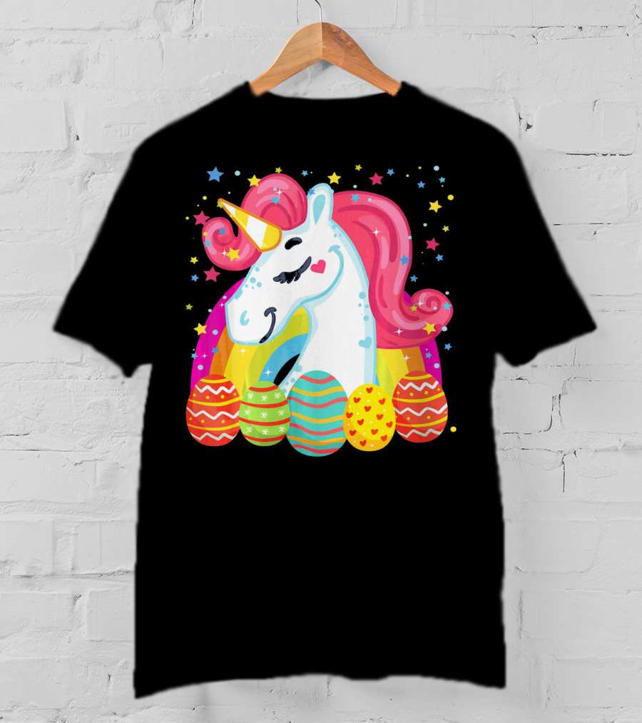 Unicorn With Rainbow Mane And Colorful Easter Eggs T-Shirt