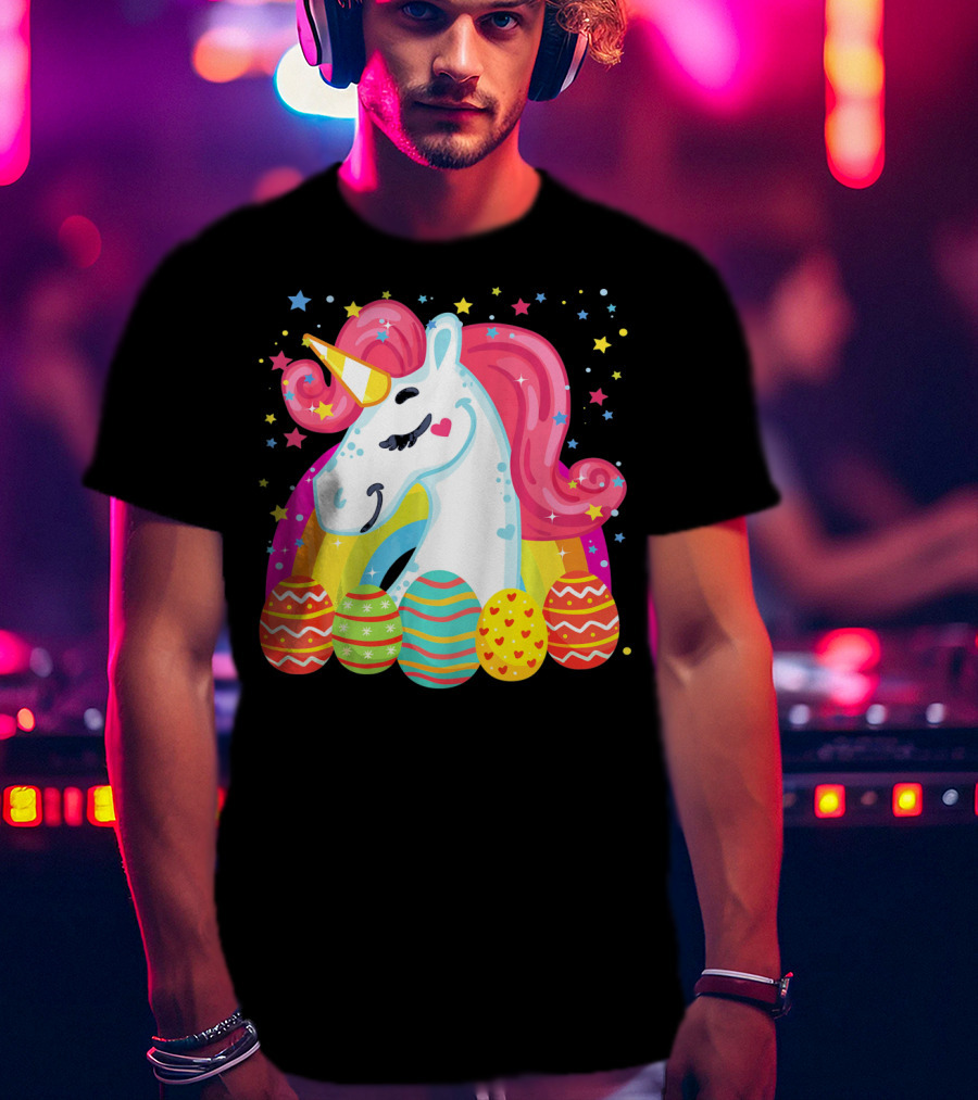 Unicorn With Rainbow Mane And Colorful Easter Eggs T-Shirt