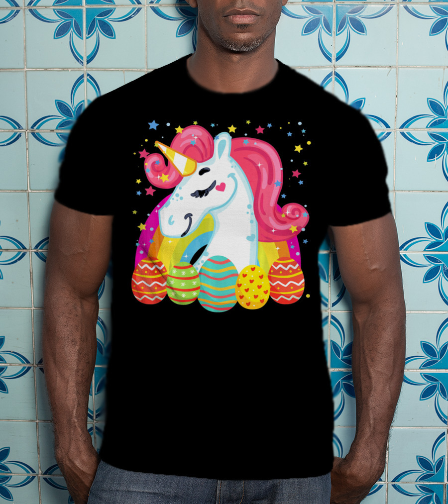 Unicorn With Rainbow Mane And Colorful Easter Eggs T-Shirt